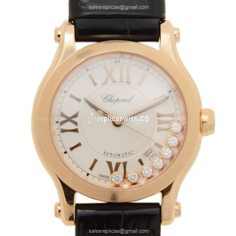 Chopard Happy Sport Replica - Auto - 18kt Rose Gold - Silver Dial - Black Alligator Buckle
